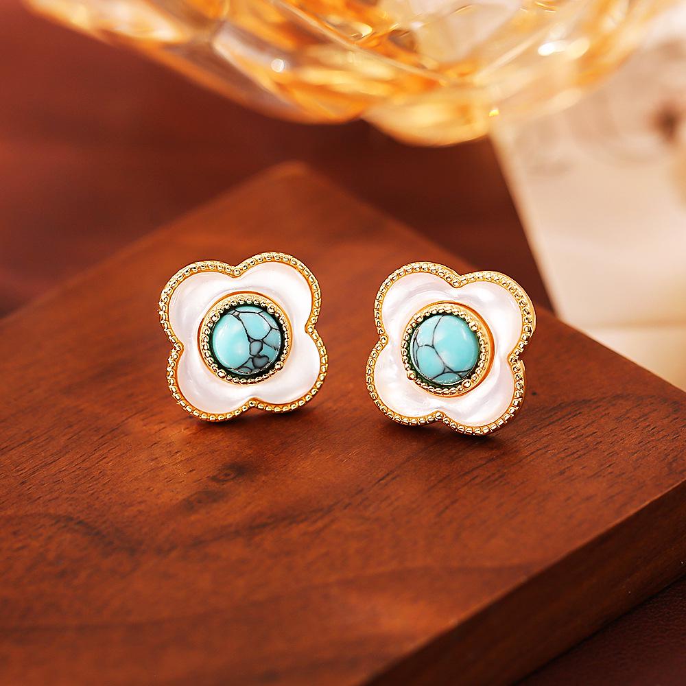 Chinese Style Turquoise Mother of Pearl Stud Earrings - High-End Fashion, Light Luxury, Rebellious Girl Romantic Jewelry