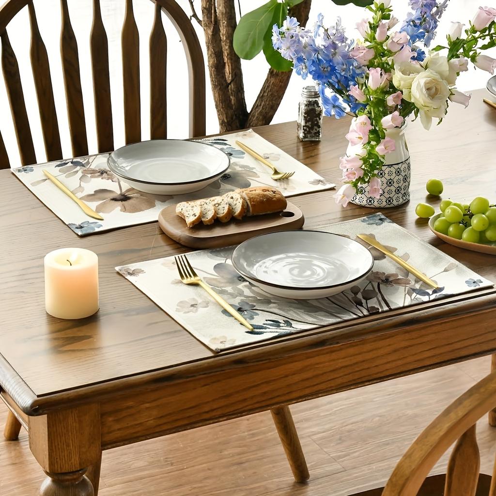 [Floral Placemat Set] 4pcs Brown Poppy Floral Leaves Fall Placemats Set of 4,12x18 Inch Seasonal Spring Table Mats for Party Kitchen Dining Decoration