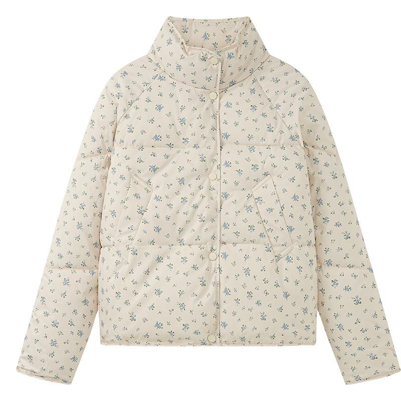 2025 new floral short down cotton clothes, winter new small fresh and sweet stand-up collar thickened bread clothes jacket