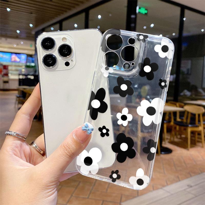 Ozon Popular Ins Wind Black and White Flower Transparent Mobile Phone Case Apple 17Pro Ultra-thin Anti-drop Soft Case iPhone16
