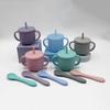 4 Pcs Baby Silicone Bibs Sucker Bowl Spoon Straw Cup Set Training Feeding Food Utensil Dishes Tableware Kit for Newborn Purple