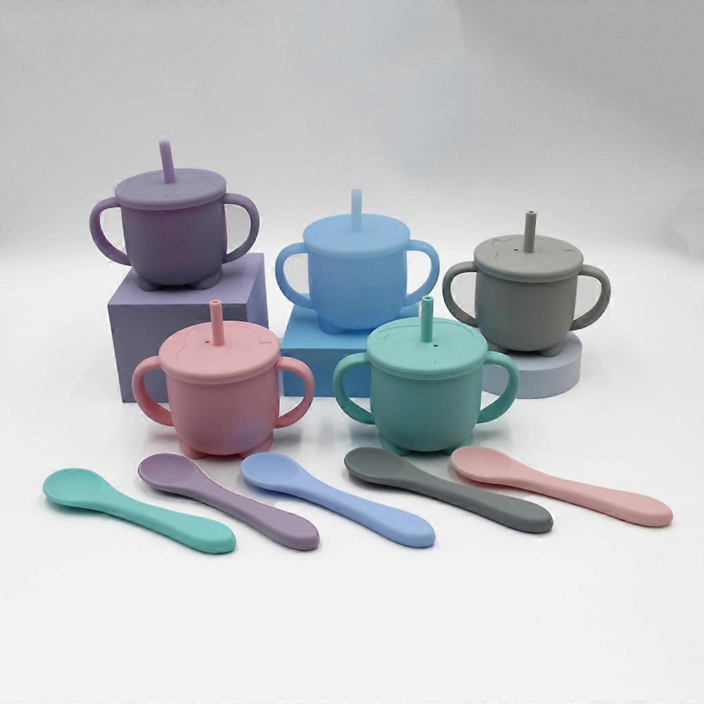 4 Pcs Baby Silicone Bibs Sucker Bowl Spoon Straw Cup Set Training Feeding Food Utensil Dishes Tableware Kit for Newborn Purple