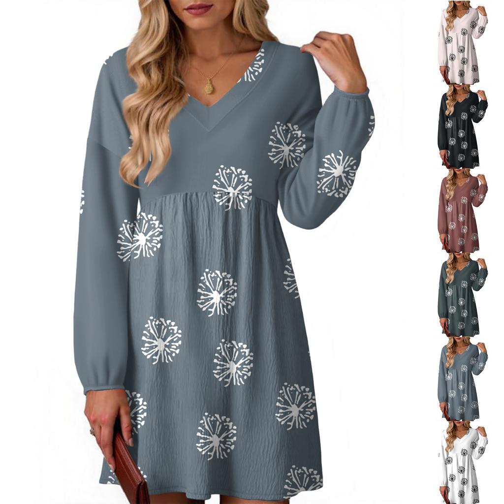 Women's Fashion Floral Print V-Neck Long Sleeve Dress