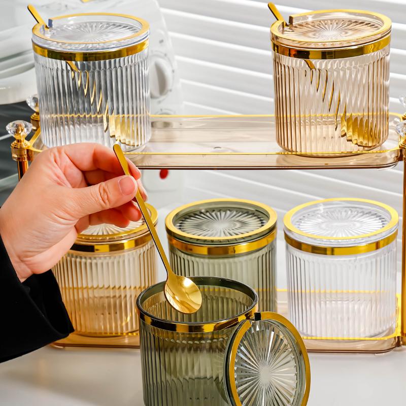 Creative Transparent Gold-plated Striped Spice Jar Spice Salt Sugar Jar with Lid Multifunctional Storage Box Storage Container