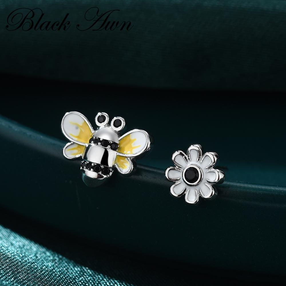 Black and White Design Black Zircon Cute Bee and Flower Stud Earrings