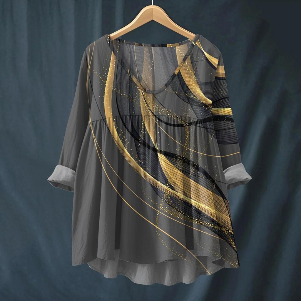 Women's Fashionable And Casual Shirt Long-sleeved V-neck Print Cotton And Linen Blouse