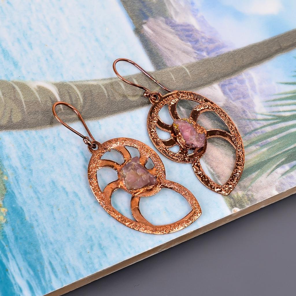 Natural Pink Sapphire Copper Dangle Daughter Gift Electroformed Earrings Jewelry V-103