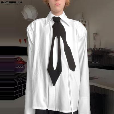 Men Tie Lapel Neck Long Sleeve Solid Buttons Up Casual Oversized Shirts