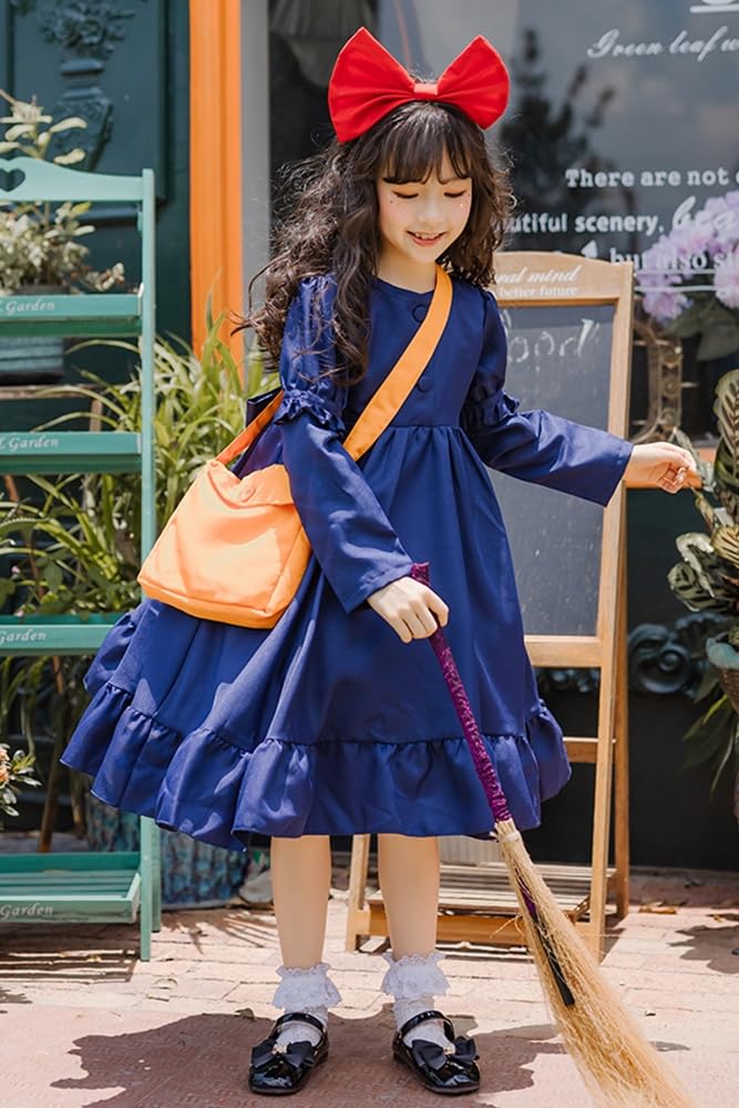 Madrugada Witch Kiki Cosplay Halloween Set with Tattoo and Wizard Dress with Adjustable Sleeve Kids Costume for S804 Costume, Stickers, Bag, Headband,