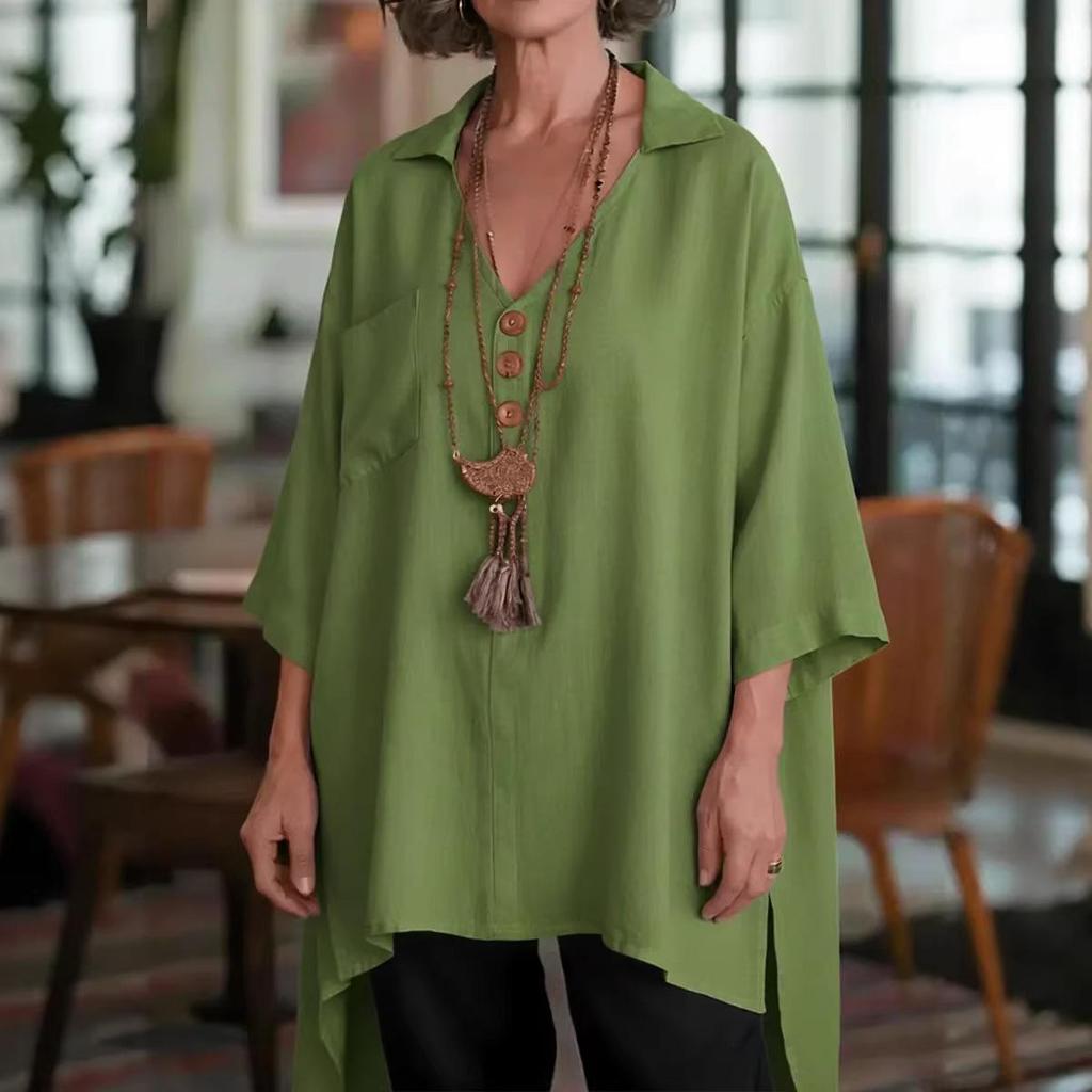 Spring/Summer 2026 Women's Cotton-Linen Top: European & American Style, Solid Color, Casual Loose Fit with Buttoned Short Front-Back Design.