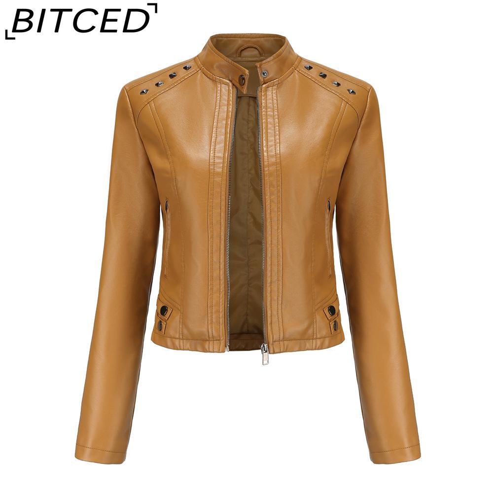 BITCED Women's Studded Leather Jacket Spring/Autumn Long-Sleeved Stand-Collar Fashion Jacket