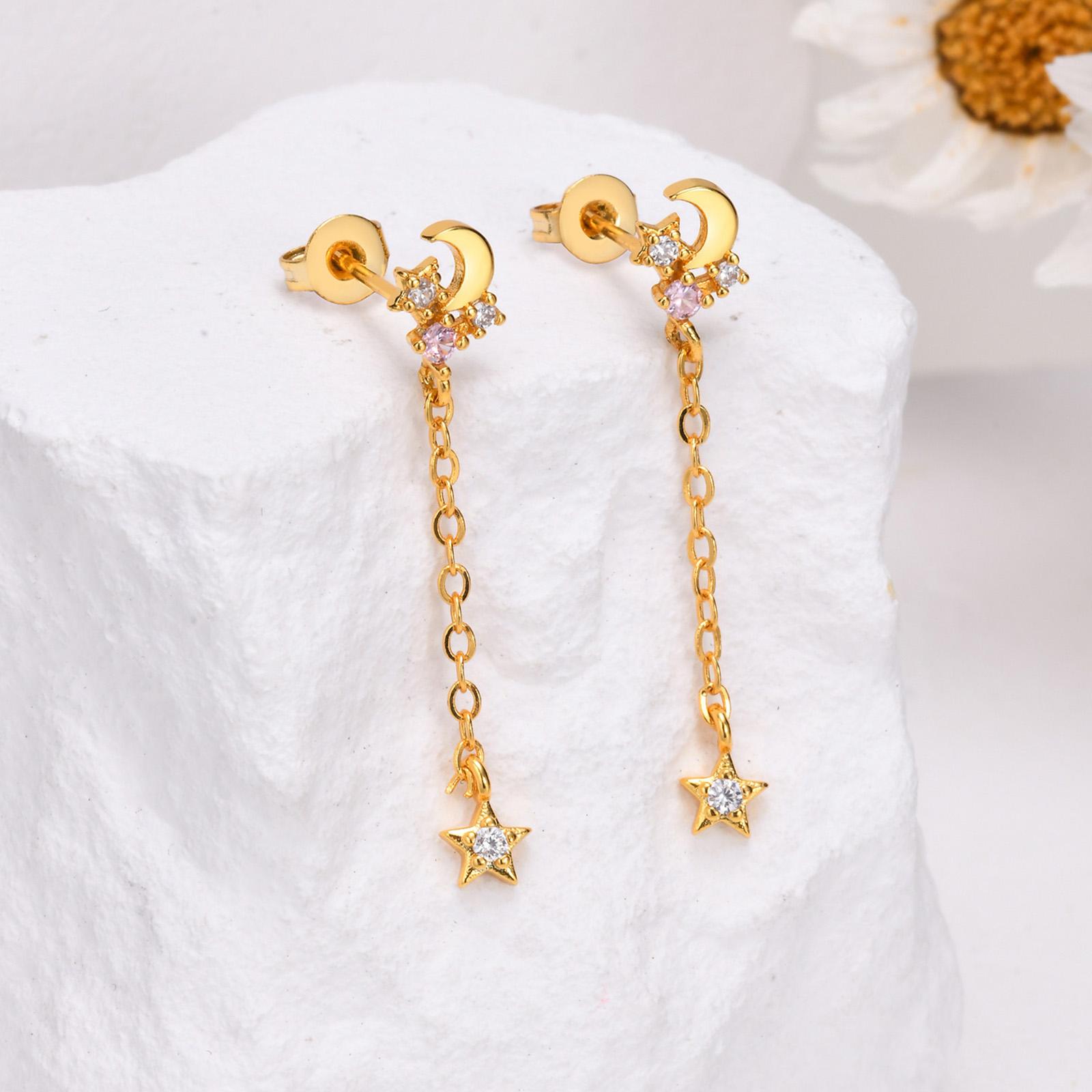 

Stainless Steel Earring Cubic Zirconia Chain Earrings for Women Star Moon Sun Unique Punk Earring Cartilage Piercing Jewelry