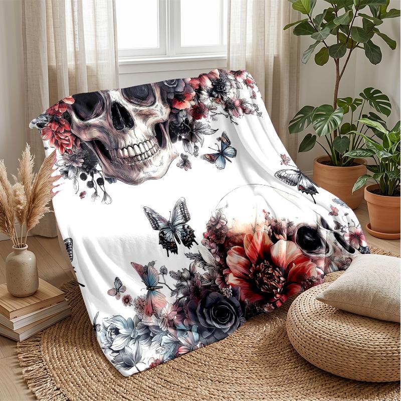 Skulls and Floral Butterflies Theme blanket Lightweight Warm Flannel Blanket Decorative Throw Blanket for Home Decoration