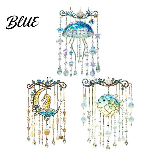 Coastal Balcony Decoration Ocean-Themed Crystal Wind Chime Stained Acrylic Jellyfish Seahorse Pufferfish Hanging Suncatcher Marine Ornaments