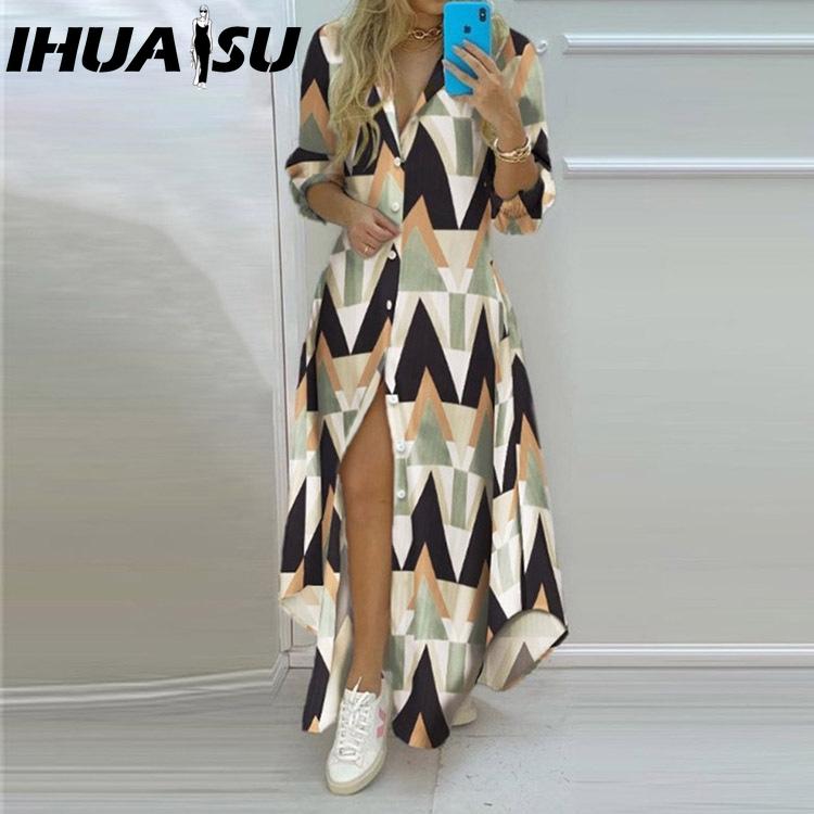 IHUASU Rochie Cămașă cu Imprimeu Temperamental de Primăvară Toamnă pentru Femei, cu Nasturi Simpli, Rochie Cămașă Deschisă, Rochie Lungă Casual