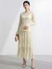 Miyake Style Women's Summer Pleated Skirt with Embroidered Lace Lining and Long-Sleeved T-Shirt Set