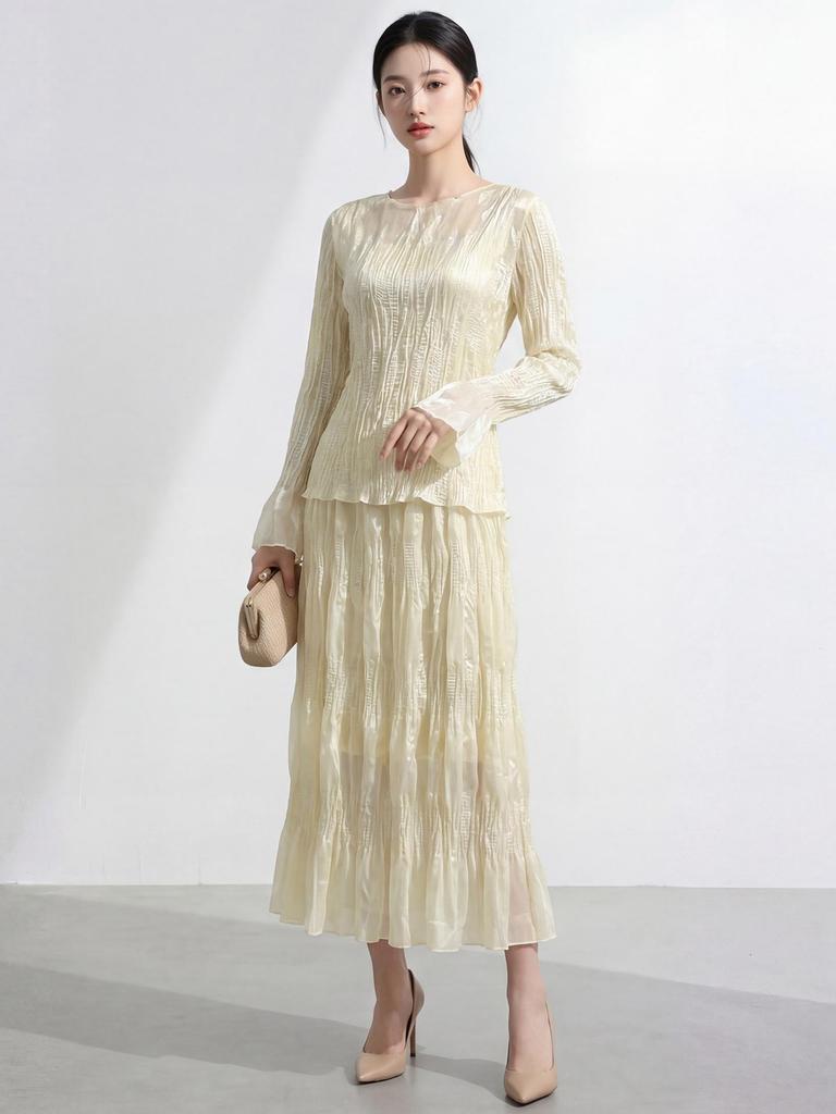 Miyake Style Women's Summer Pleated Skirt with Embroidered Lace Lining and Long-Sleeved T-Shirt Set