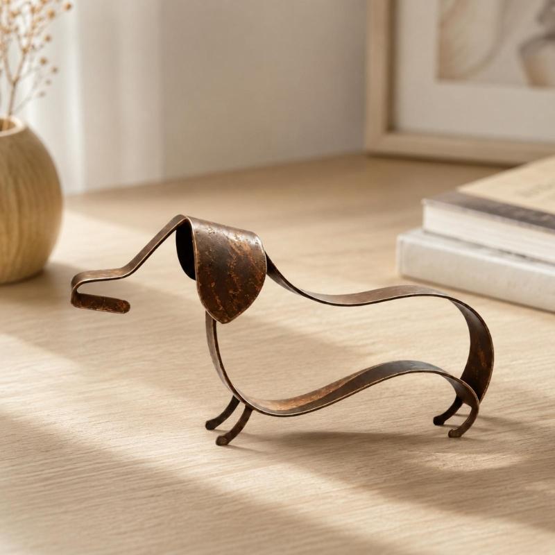 Open-Frame Wiener Dog Sculpture In Metal with a Mottled Aged-Look Finish for Indoor Cabinets, Shelves, and Desktops