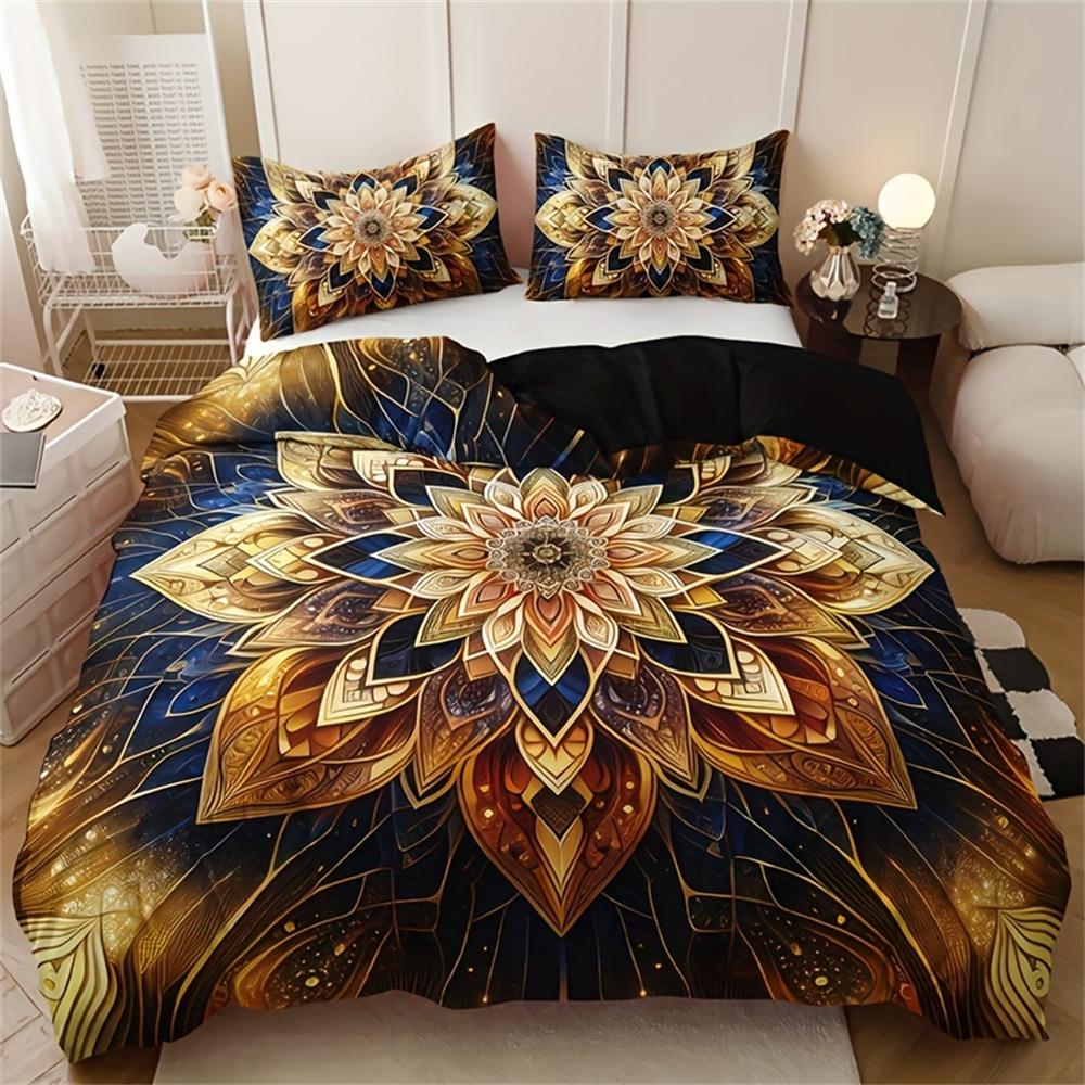 Golden Mandala Floral 3-Piece Duvet Cover Set with 2 Pillowcases - Breathable Polyester, All-Season, Machine Washable