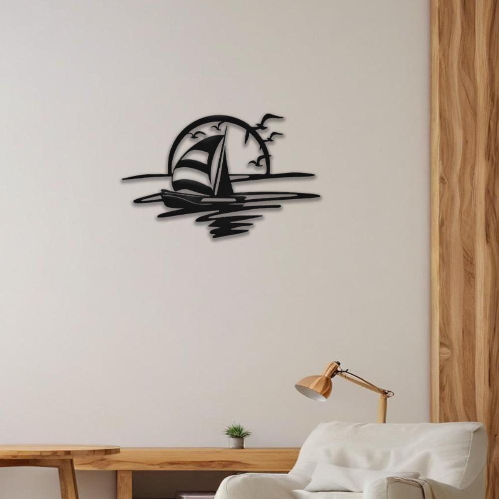 15.75" Sunset Sailboat Seagull Iron Wall Art, Coastal Ocean Decor for Indoor Outdoor Living Room Patio