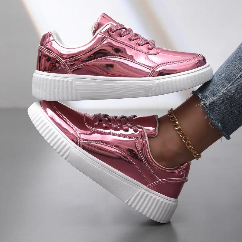 Fashion Womens Pink Gold Platform Sneakers Autumn Fashion Casual Sports Shoes Thick Bottom Vulcanized Shoes Woman Flats Heels Shoes