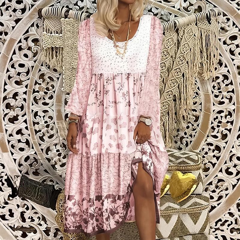 Women s New Print Round Neck Long Sleeve Casual Midi Dress S розовый