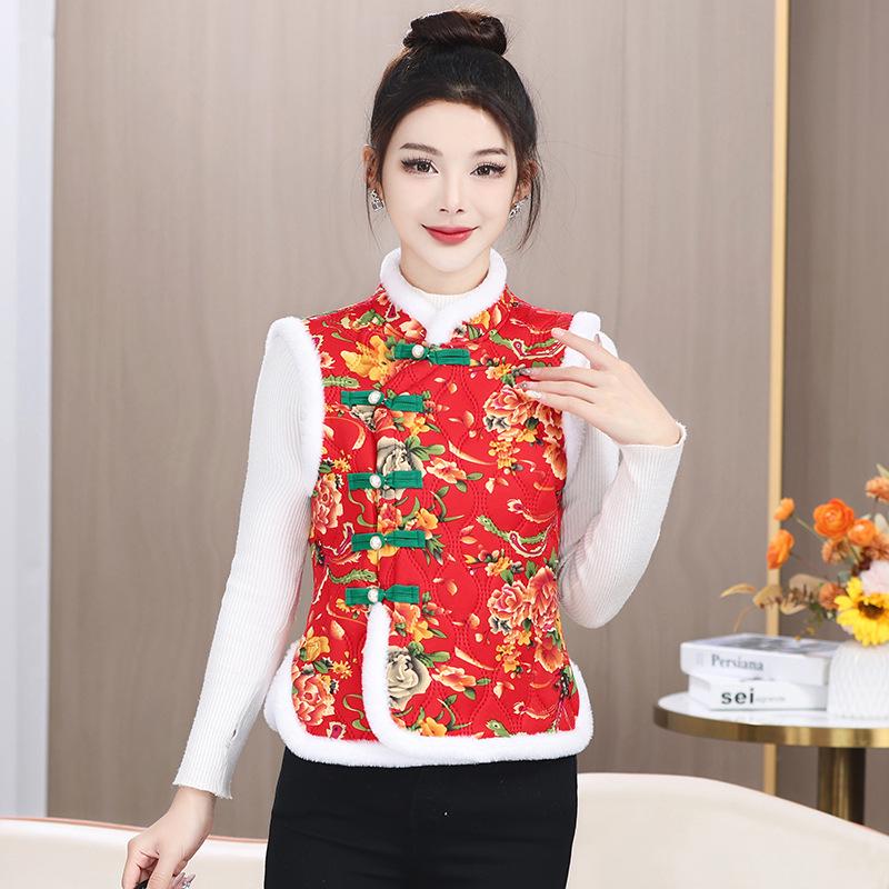 New Chinese Style Red Floral Padded Vest for Middle-Aged & Elderly Women - Thick Short Coat for Autumn/Winter