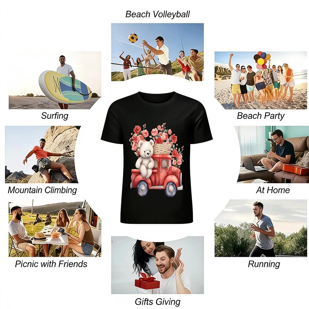 Cute Teddy Bear Red Truck Rose Print Casual Top Pure cotton T-shirt