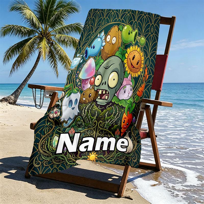 Custom Name Personalized Plants VS Zombies Print Beach Towel, for Trip Camping Beach Party Home Decor, Birthday Gift for Family & Friends