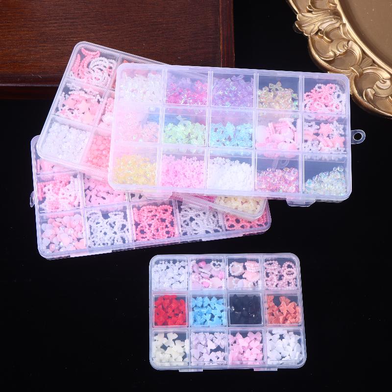 12/15 Grids/Box Mixed Resin Bowknot Nail Charms 3D Colorful Bow  Nail Art Decorations Diy Manicure Parts With Tools