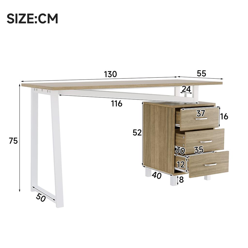 130*55*75cm, Prostorný psací stůl s úložným prostorem, Materiál MDF s vysokou hustotou, Výsuvy zásuvek, Trojúhelníkové podpěry, Snadná montáž a čištění, Přírodní dřevo + Bílá