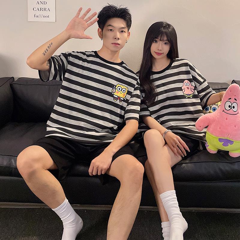 Cute Cartoon Cotton Pajama Set for Couples - Short-Sleeved & Lightweight