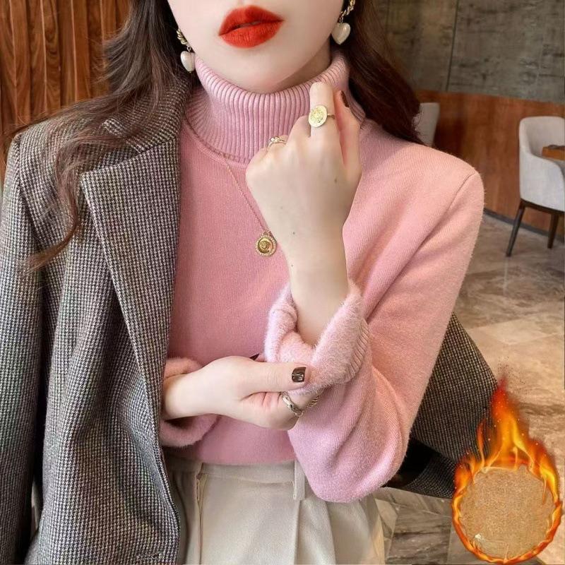 Thick Velvet Turtleneck All-in-one Velvet Sweater for Women in Autumn and Winter, Warm Bottoming Shirt for Women, Fashionable Tops