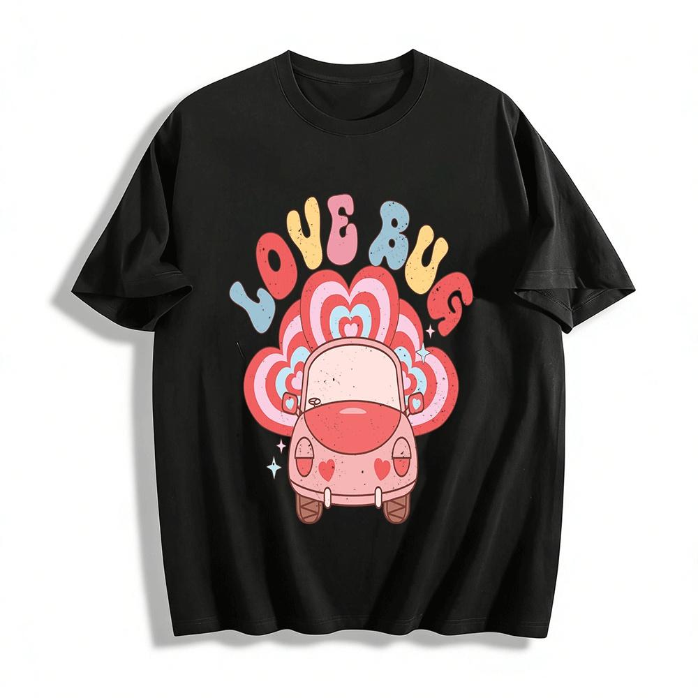 Love Bus Retro Heart Print Casual Crew Neck Short Sleeve T-Shirt Pure cotton T-shirt XXS