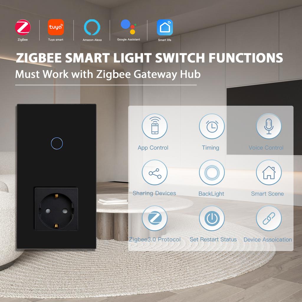 BSEED Zigbee 1/2/3Gang Wall Touch Switches With Normal EU Socket USB Type-C Ports Tuya Smart Life App Ccontrol Glass Panel