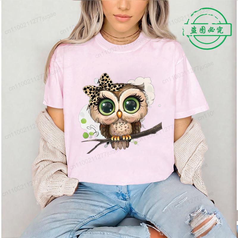 Cartoon Owl Print Crew Neck T-shirt Tee Tops Clothing Gift Streetwear Graphic T Shirts Casual Short Sleeve Top Women's Clothing