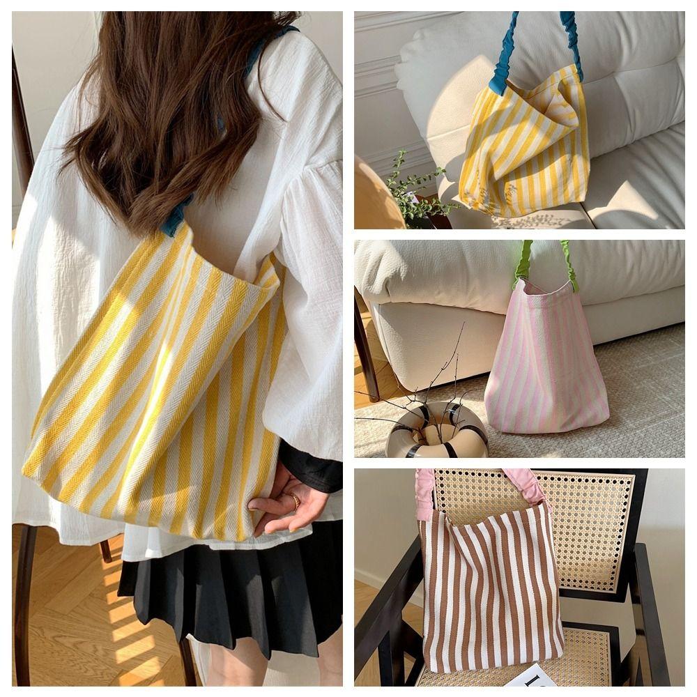 Große Kapazität Tragetasche Druckstoff Schultertasche Niedliche Streifen Canvas Tasche Studenten