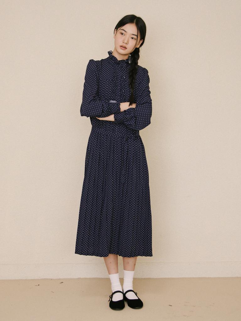 Vincent Navy Dot Pleated Dress_Navy