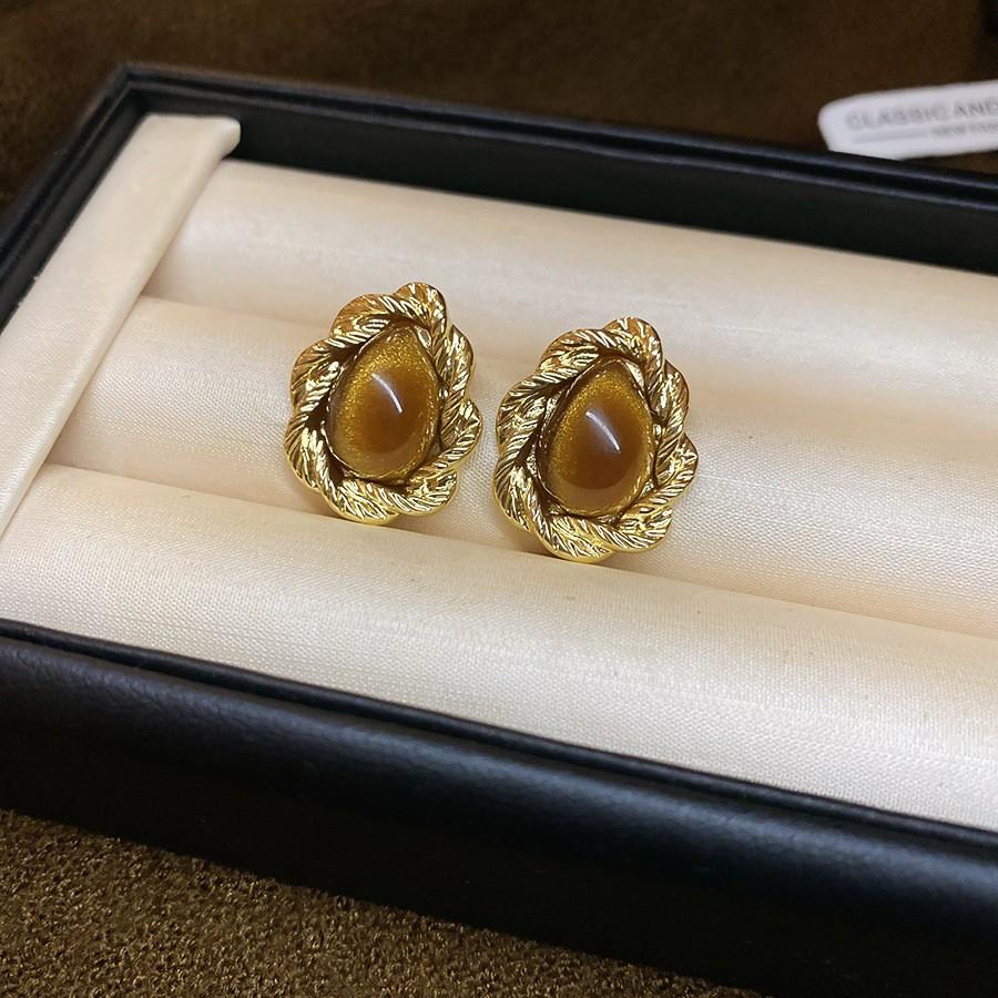 18k real gold electroplated tiger's eye stone geometric stud earrings Maillard temperament earrings earrings women
