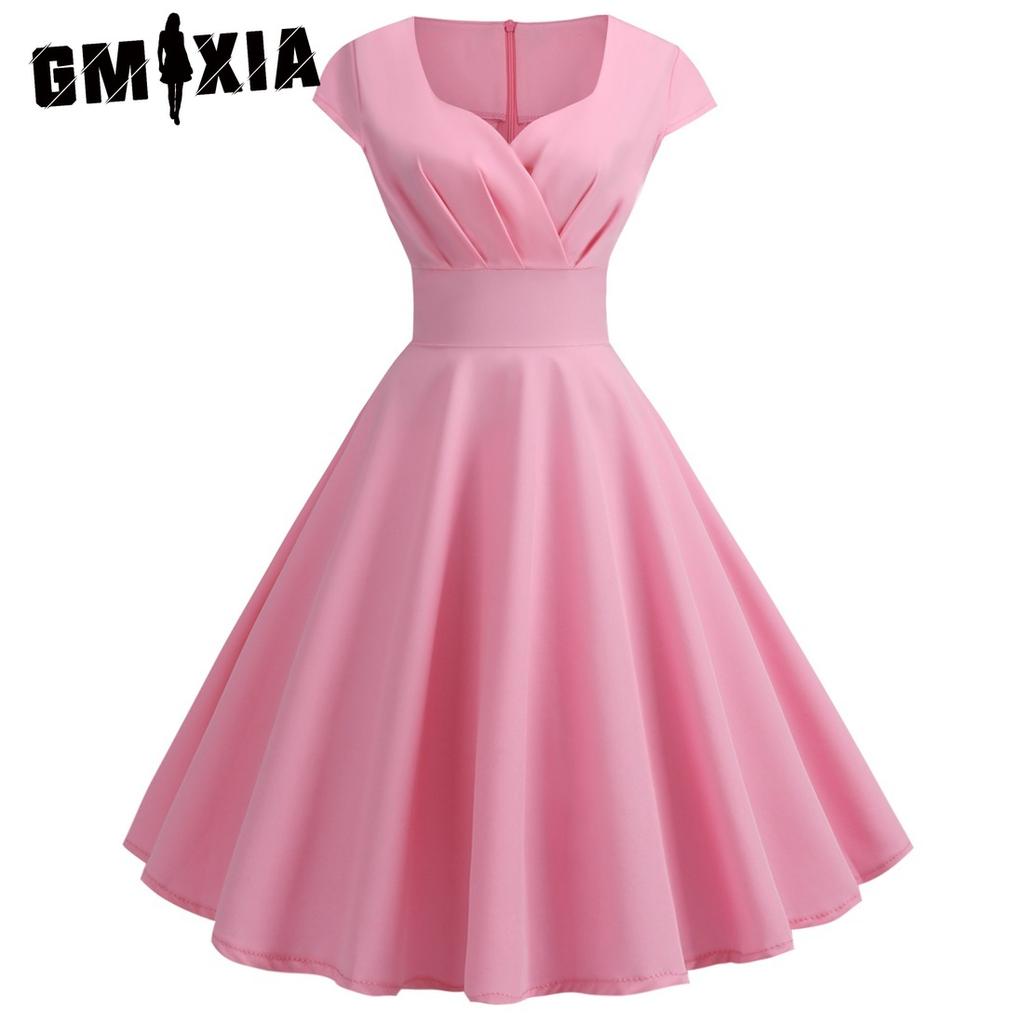 GMXIA Spring Summer Retro Women's V-neck Half-sleeve Waist Solid Color Swing High Waist Dress