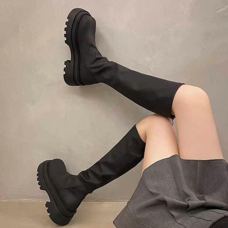 Bottes d'automne et d'hiver pour femmes nouvelles bottes à talon épais à semelle épaisse à fermeture éclair arrière bottes élastiques fines bottes de chevalier tendance
