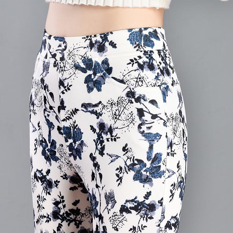 Green Floral Micro-Flare Pants - Autumn/Winter 2024 Body-Shaping Elastic Women s Long Pants S - Under 93 lbs