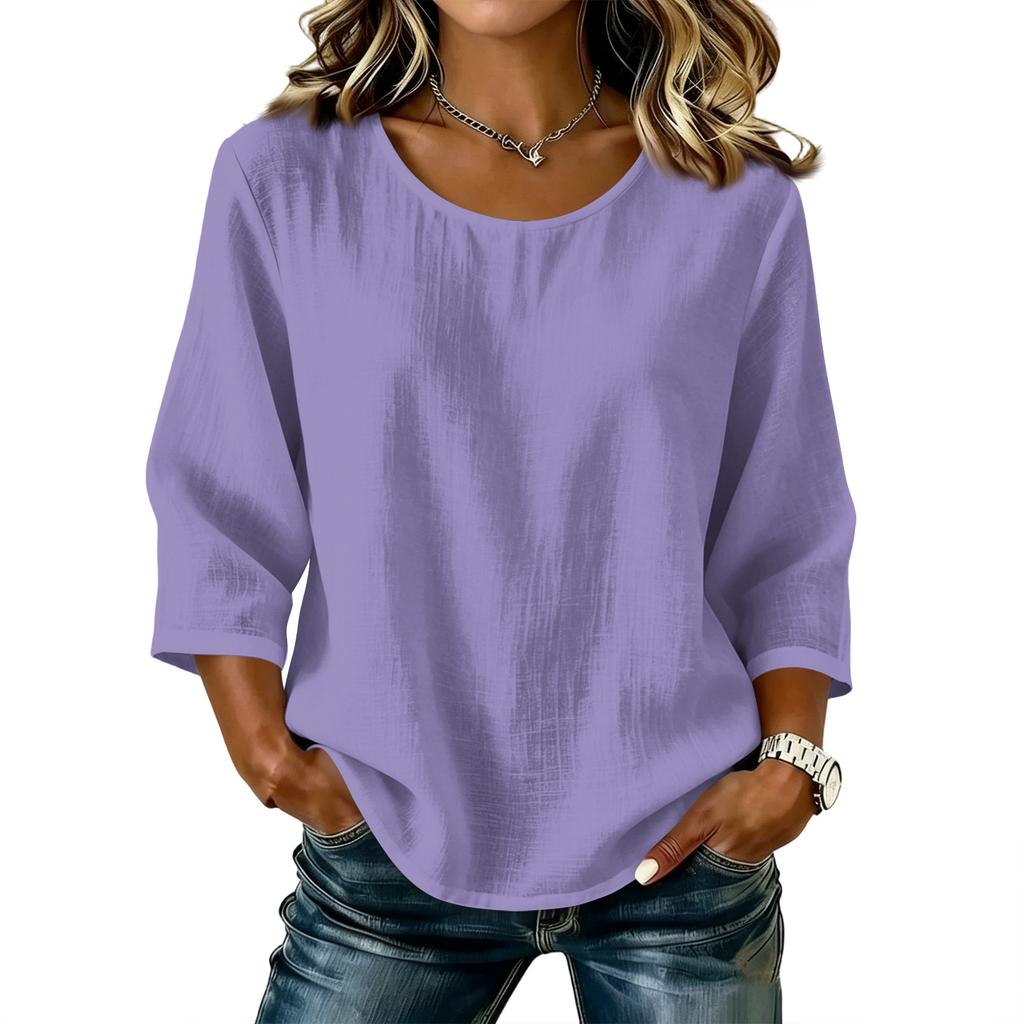 Blusa Top Casual para Mujer de Color Sólido, Cuello Redondo, Manga Tres Cuartos, Mezcla de Lino y Algodón, Corte Holgado, para Uso Diario