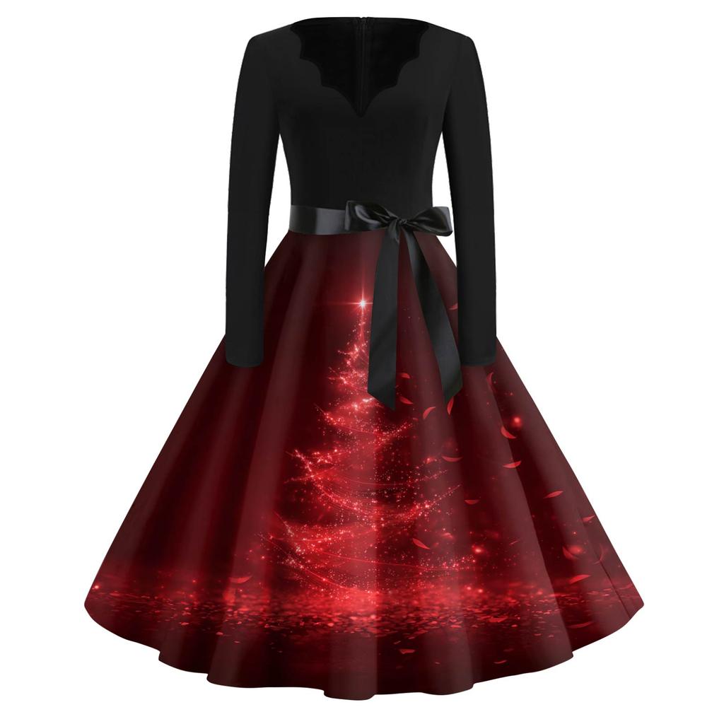 Vestido Feminino Moda Decote V Ajuste Relaxado Estampa de Natal Manga Longa