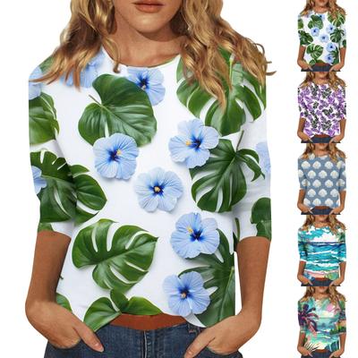 Damenmode Lässig Rundhals 3/4-Ärmel Bedrucktes T-Shirt Damenoberteil