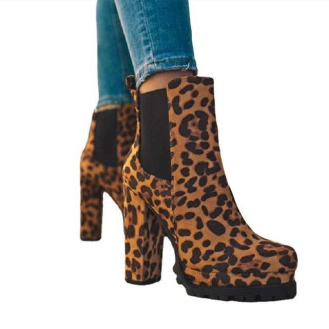Dame Ankelstøvletter Flokk Leopard Slip On Korte Støvletter Dame Høy Hæl Plattform Høstsko Dame Støvletter Retro Pluss 43