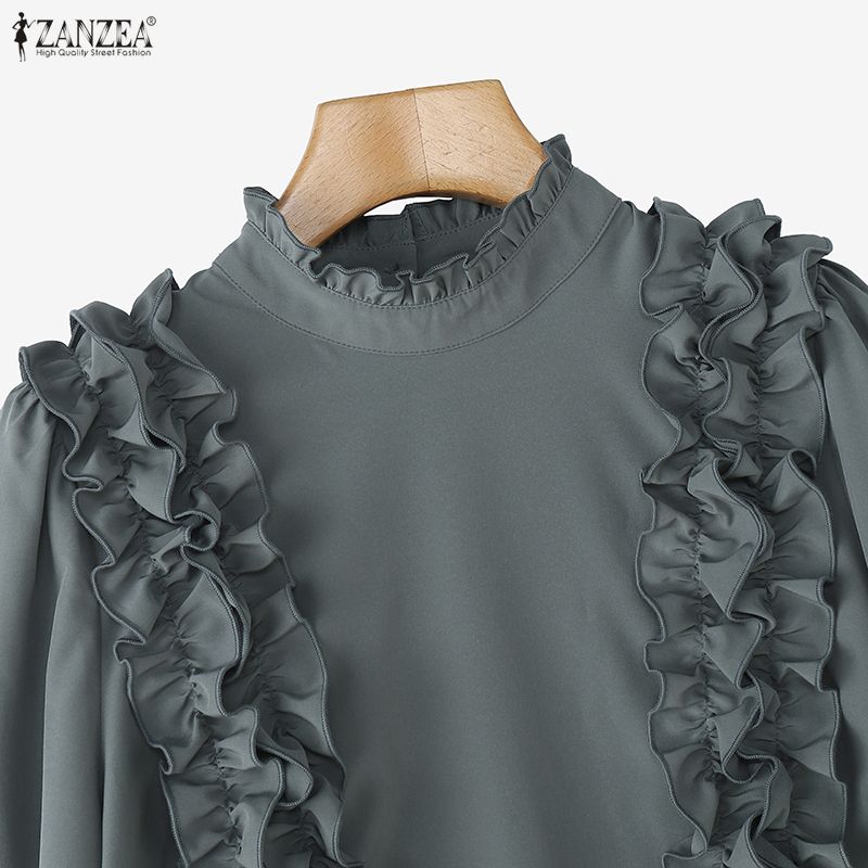 ZANZEA Blouse Décontractée Femme Col Montant Manches Longues Volants Épissure Ample