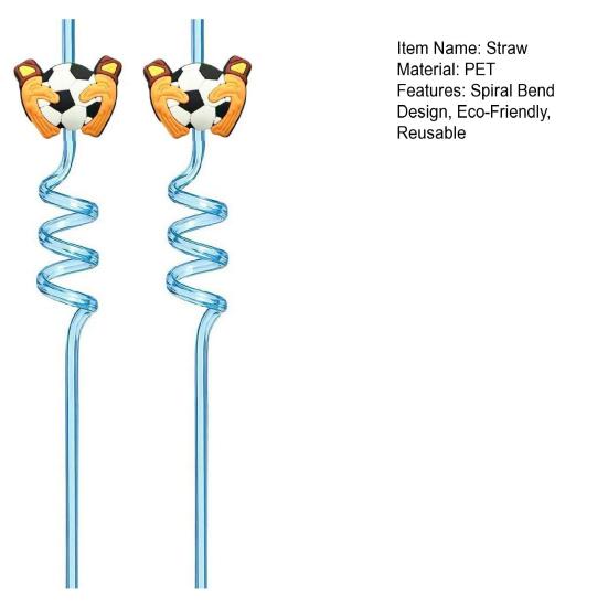 2Pcs Soccer Theme Spiral Straws, PET Reusable Curved Drinking Straws with Football Charm, World Mug Party Beverage Decor