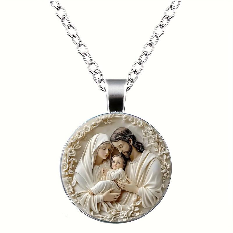 Christian The Holy Family Necklace Round Jesus Glass Dome Cabochon Pendants Necklaces Religious Jewelry
