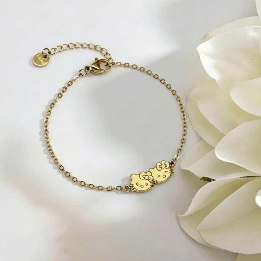 18K Gold Plated Cartoon Cat Double Bracelet - Stainless Steel, Colorfast, Versatile Jewelry for Students & Best Friends